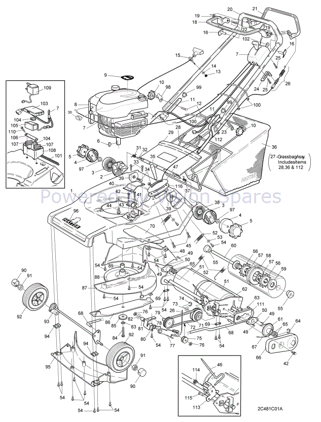 Hayter Harrier 48 480 Lawnmower 480C001001 480C099999 Parts Diagram Mainframe Assembly